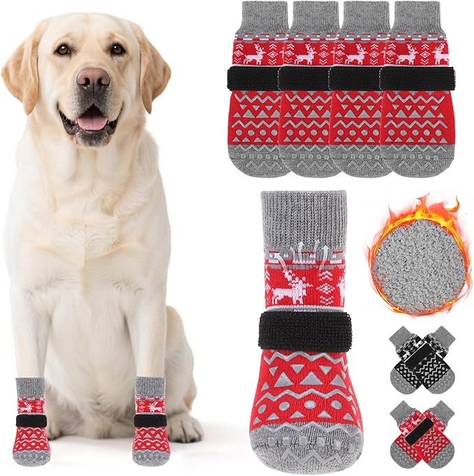 KOOLTAIL Dog Socks to Prevent Licking Paws, Dog Christmas Outfit Shoes for Winter Snow Pavement, Warm Fleece Pet Boots & Paw Protector for Hardwood Floors Anti Slip, Small Medium Large Size, Red M