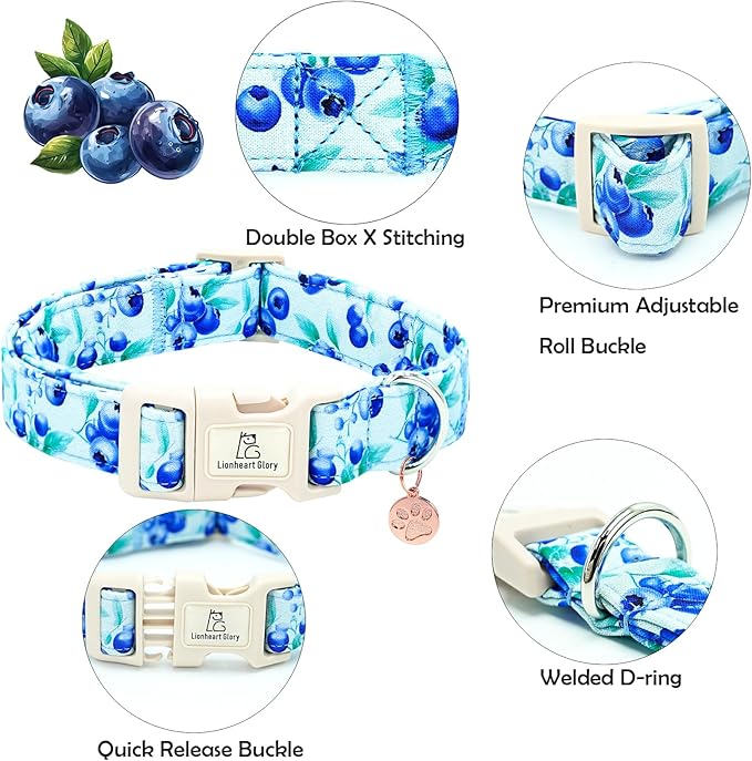 Lionheart glory Dog Collar Blueberries Print Collar for X-Small Dogs Spring Summer Female or Male Collars Pet Gift Adjustable Heavy-Duty Cute Puppy Collars