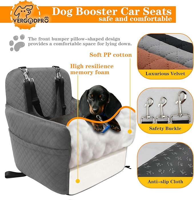 Dog Car Seat for Small Medium Dogs,Portable Pet Booster Seat with Safety Strap & Removable Washable Pad,Memory Foam Dog Travel Bed for Car,SOFE Velvet for Puppies Cats（M-Grey）