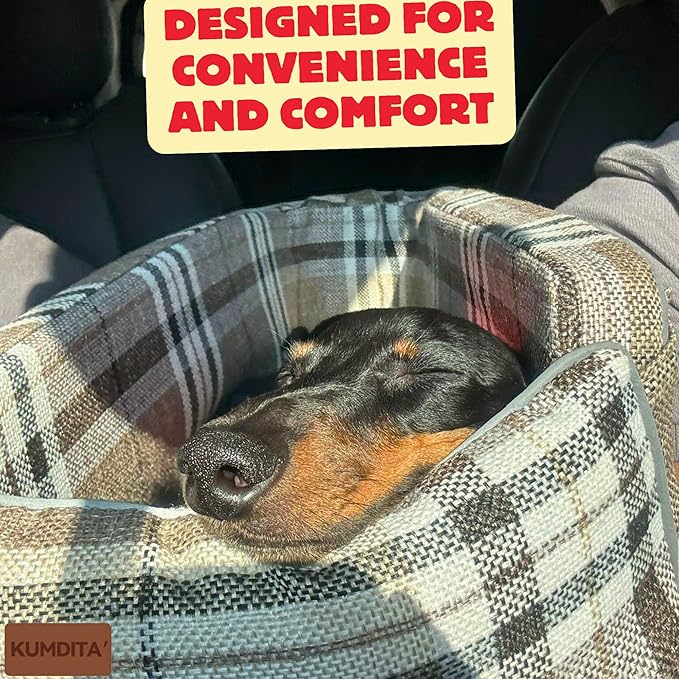 Kumdita' Center Console Dog Car Seat & Carrier for Small Dogs & Cats – Portable Booster with Sewn-in Leash, Machine Washable, Fits Most Vehicles (Classic Beige Check)