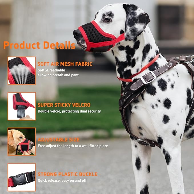 Soft Breathable Dog Muzzle - Air Mesh Nylon, Adjustable, 6 Sizes (Red, XL)