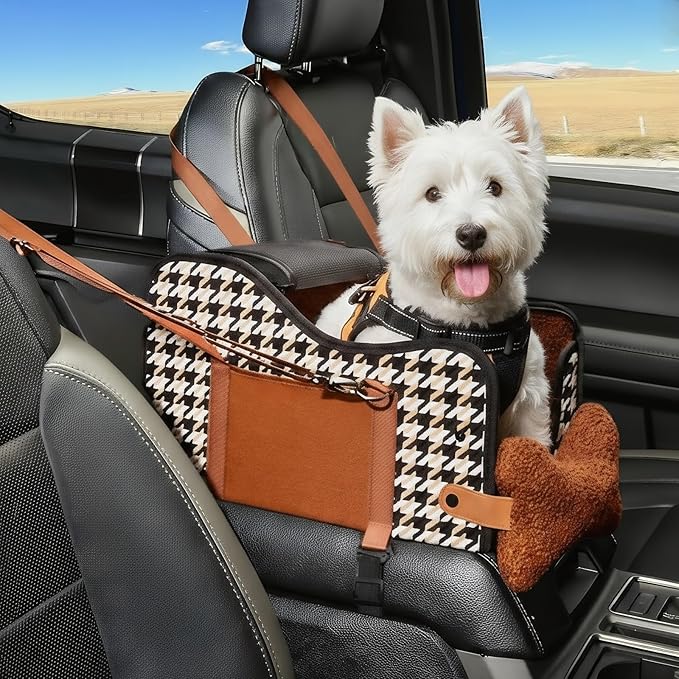 Center Console Dog Car Seat,Pet Puppy Car Seat,Middle Console Dog Armrest Booster Seat for Small Dogs;Cats (Orange Houndstooth)