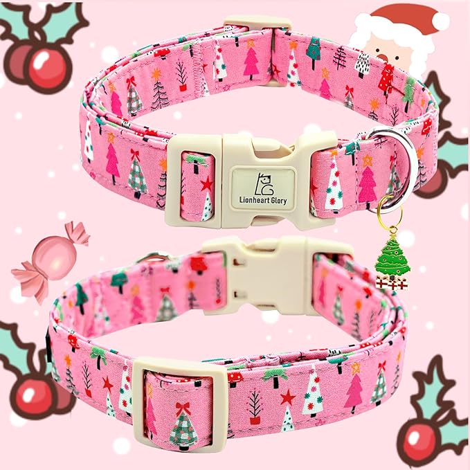 Lionheart glory Christmas Dog Collar, Pink Christmas Tree Fall Cute Dogs Collar Adjustable Soft Comfortable Collars for Small Dogs Girl or Boy Pet Gift