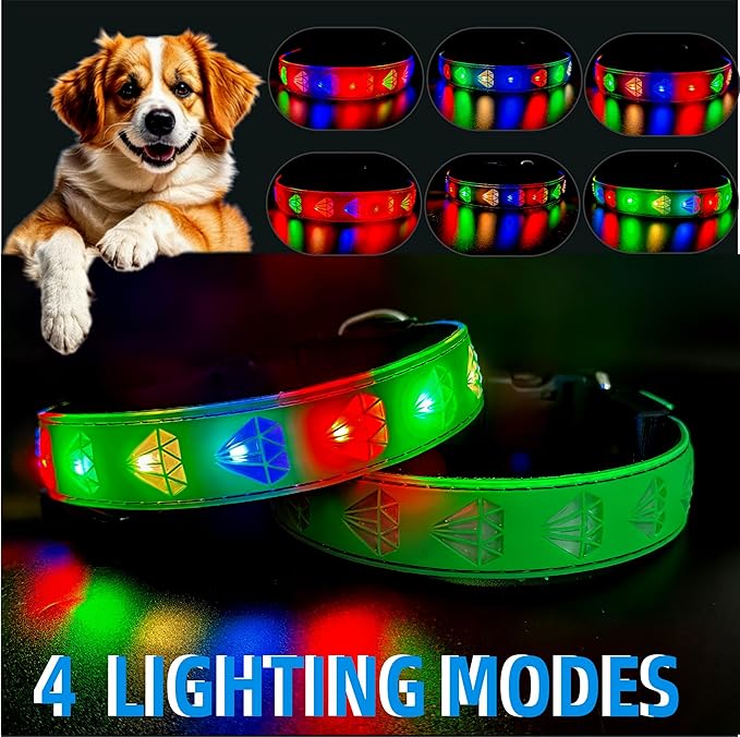LED Dog Collar with Diamond Pattern, 15 Light Modes, with Bonus Pet ID Tag and Bell (Green Pro, S(7.87-11.8"))