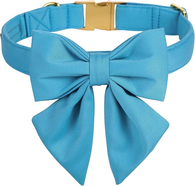 Maca Bates Sky Blue Dog Collar with Cute Solid Sailor Bow Tie for Large Girl Boy Dogs,Adjustbale Durable Breakaway Soft Collars with Bowtie for Female Male Puppy,Pet with Metal Buckle