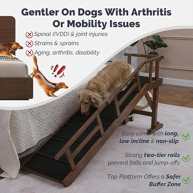 Dog Ramp for Bed or Couch, Wooden Pet Ramp with 20° Gentle Slope, Removable Side Rails, Non-Slip Surface, Top Platform & Wheels, Safe Bed Ramp for Small, Medium & Senior Dogs, 60" Long, Walnut