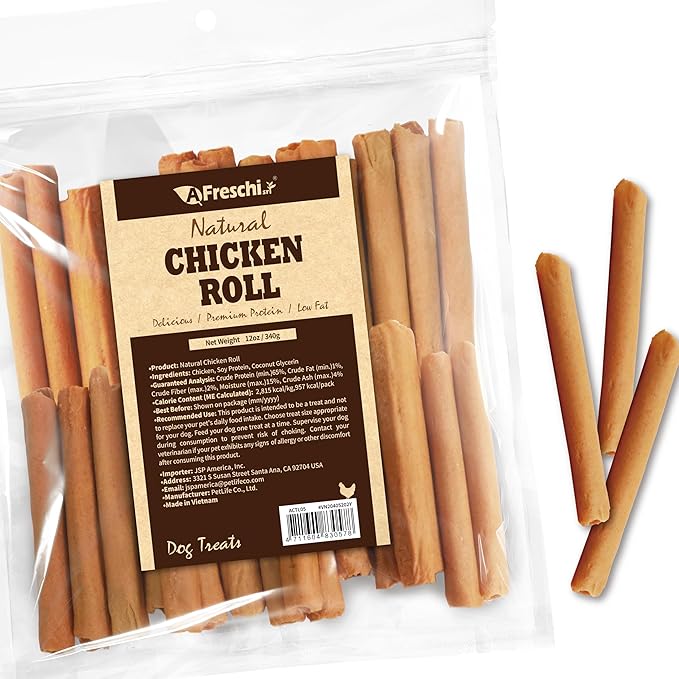 Afreschi Chicken Dog Treats, All Natural, Healthy & Easily Digestible, Grain-Free Puppy Chews, Low-Fat, Human Grade Training & Rewards Dog Snacks, Chicken Roll, 12 oz Pack