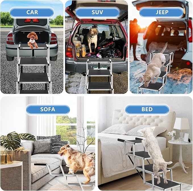 Dog Stairs for Large Dogs - 4 Step Wide 16in High 34in Foldable Dog Ramp for Car Non-Slip Surface Support up to 230lbs - Suitable for Sedans, Sofas, Beds