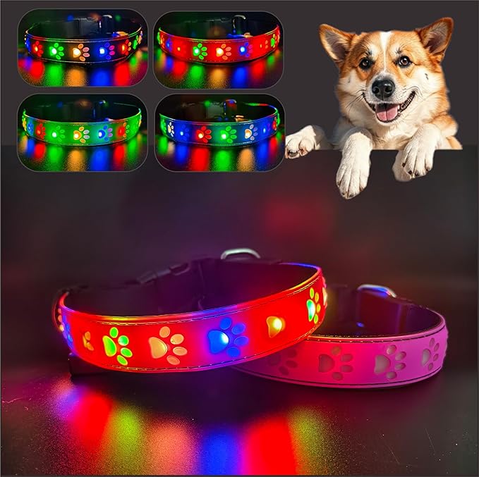 Dog Collar with Lights, 15 Lighting Modes Silicone Pet Collar, USB C Rechargeable LED Dog Collar for Night Safety, Adjustable Soft Glowing Collar for Dogs (PW-Pink Pro, XS(7.87-11.8"))
