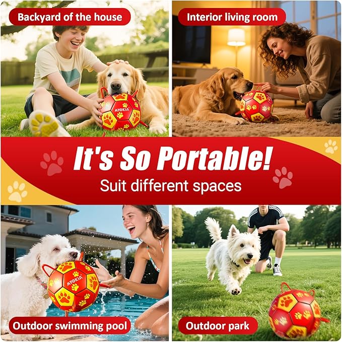 Size 3 Dog Soccer Ball with Straps Durable Training Ball for Pets Interactive Outdoor Dog Toy, Red & Yellow, Paw Prints Design, for Medium & Large Dogs' Playtime