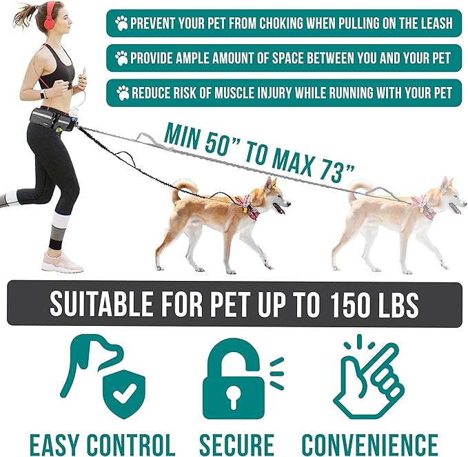 PetAmi Hands Free Dog Leash, Dog Running Leash Belt Bag for Walking, Jogging, Dog Waist Double Zipper Pouch with Poop Bag Dispenser, Dual Padded Handles Reflective Bungee Leash, Double (Charcoal Grey)