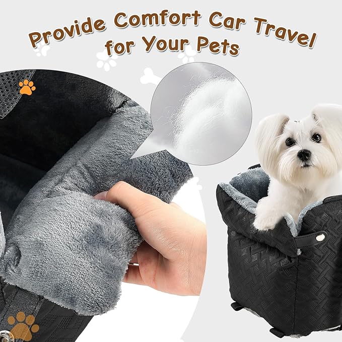 Center Console Dog Car Seat for Small Dogs,Washable Foldable Console Booster Seat for Puppy Car Seat with Safe Protection Hooks Adjustable Straps and Storage Pocket Pet