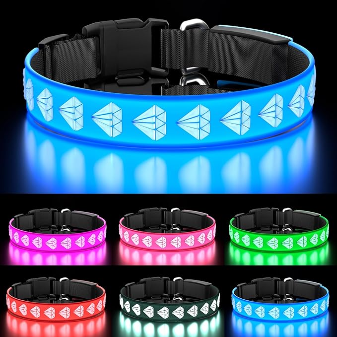 LED Dog Collar, 3D Design Dog Collars, Adjustable 15 Multi-Colors Light Up Dog Collar Rechargeable Waterproof Bright Pet Collar for Large Dogs, Blue
