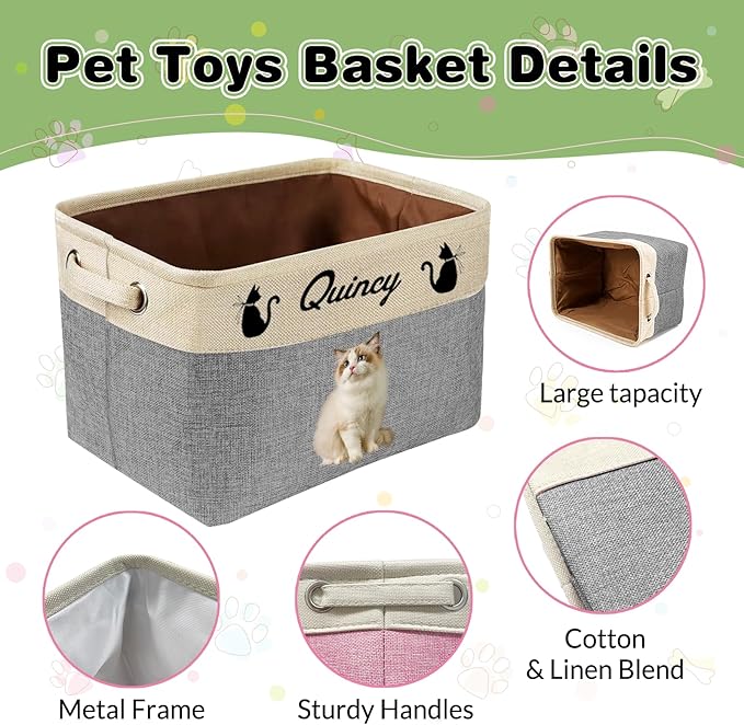 Personalized Dog Toy Basket with Name Photo Custom Cat Storage Organizer Box Collapsible Pet Chest Bins Customized for Toys Clothing-Blue
