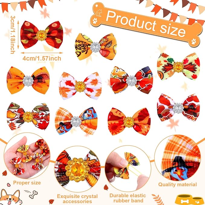 Tondiamo 100 Pack Thanksgiving Dog Hair Bows with Rubber Bands Puppy Rhinestone Grooming Pumpkin Turkey Pattern Accessories for Small Girl