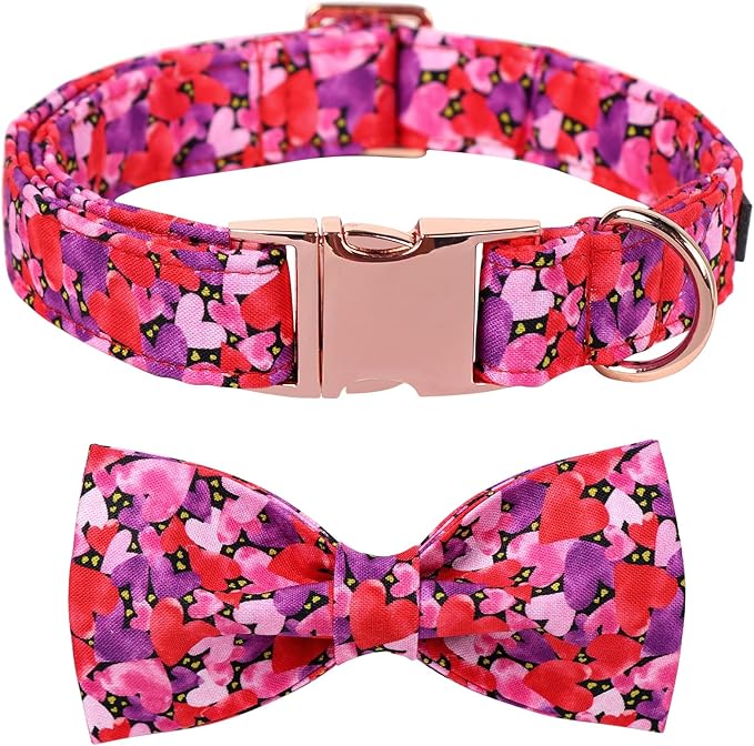 Maca Bates Valentine's Day Dog Collar with Fancy Bow for Small Girl Boy Dogs,Tiedyed Love Hearts Pattern,Adjustable Durable Soft Valentine Gift for Female Male Puppy