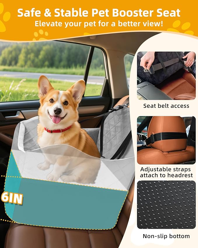 Car Seat Booster for Dog: High-Support Memory Foam Pet Car Seat for Small/Medium Dogs Under 35lbs with Elevated Cushion - Detachable Washable Puppy Travel Bed for Driving with Pockets