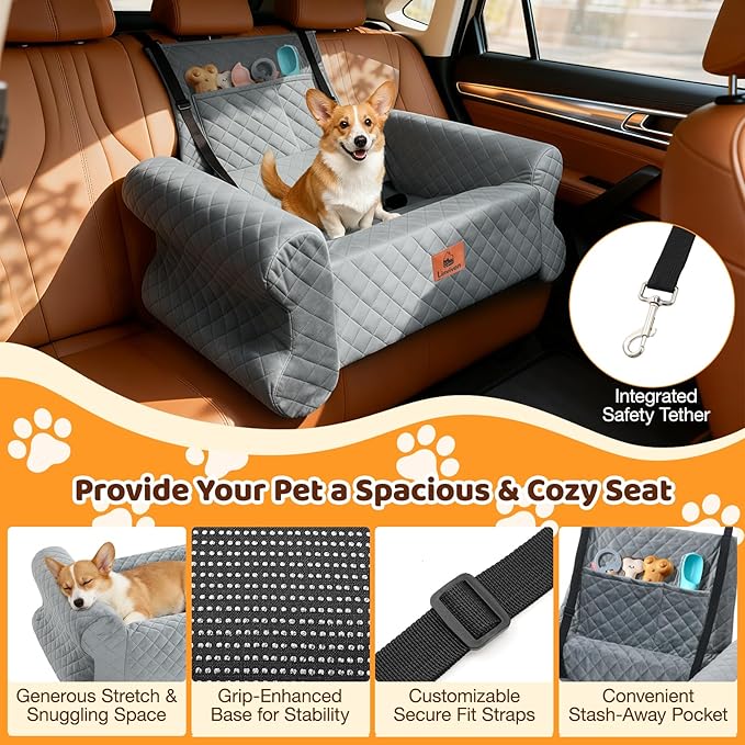 Dog Car Seat for Medium/Large Dogs up to 60 lbs, Memory Foam Dog Booster Seat with Thick Cushion, Pet Car Seat with Detachable Washable Cover, Storage Pockets for SUV, Pick Up, Trunk, Grey Black