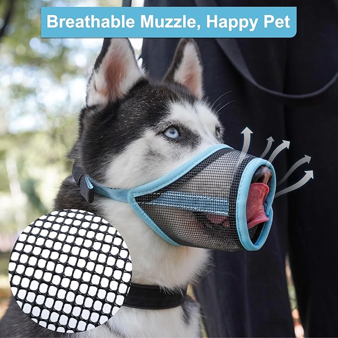 LUCKYPAW Dog Muzzle, Mesh Muzzle for Large Medium Dogs, Soft Mouth Cover to Prevent Biting Chewing, Drinkable Breathable Adjustable Puppy Mouth Guard(XXL, Baby Blue)