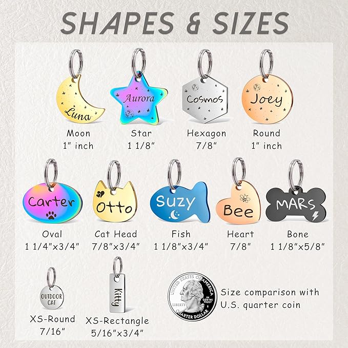 Anavia Small Size Dog Cat ID Tags, Small/XS Personalized Color Plated Stainless Steel Puppy Kitten Name Tags, Customized Engraved Nameplate Pet Collar Tag (Rainbow, XS-Round)