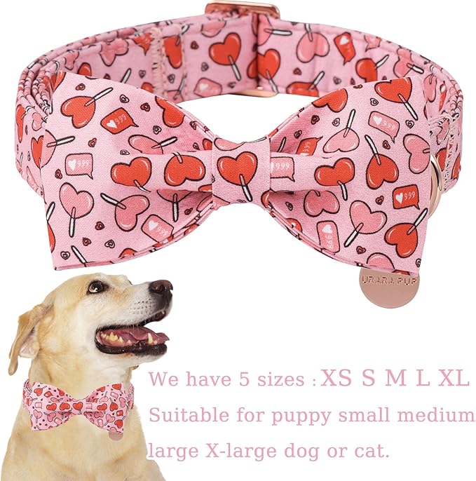 Valentine’s Day Dog Collar with Bow Tie, Pink Heart Bowtie Collar with Metal Buckle, Valentine’s Day Gift Pet Collar for Puppy Girl Boy Dog or Cat, Wedding Dog Collar, L, Neck 16-24in