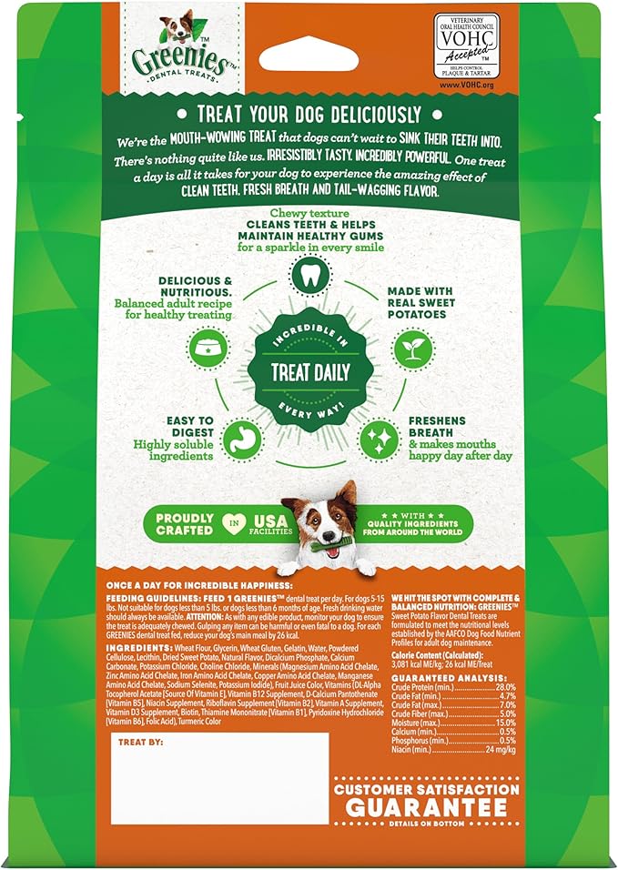 Greenies Veterinarian-Recommended Adult Natural Dental Dog Treats Teenie Size, Sweet Potato Flavor, 12 oz. Pack (43 Treats)