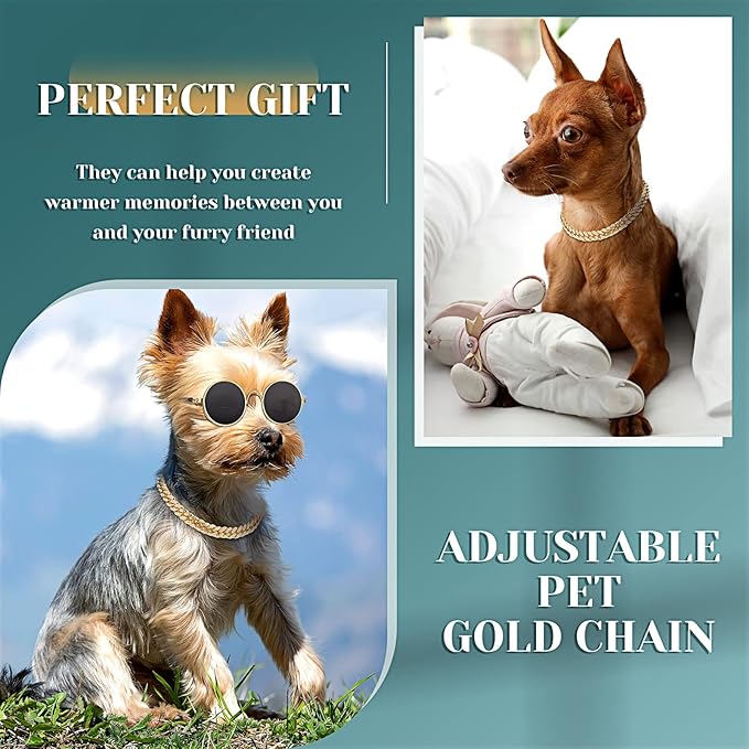Xuniea 2 Pieces Cat Dog Chain Collar and Sunglasses Set Rhinestone Necklace with Secure Buckle Round Glasses for Doll Cat Dog Pet Accessories(8 Inch,Gold, Black)