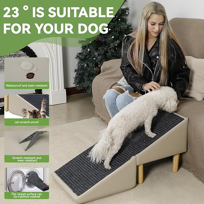 Dog Ramp, 2-in-1 Split Ottoman Gentle 23 Incline Dog Steps Built in Lightweight Folding Pet Ramp for Couch, 17.71”H Pet Chair, Pet Steps Specially for Older Dogs (Off-White)
