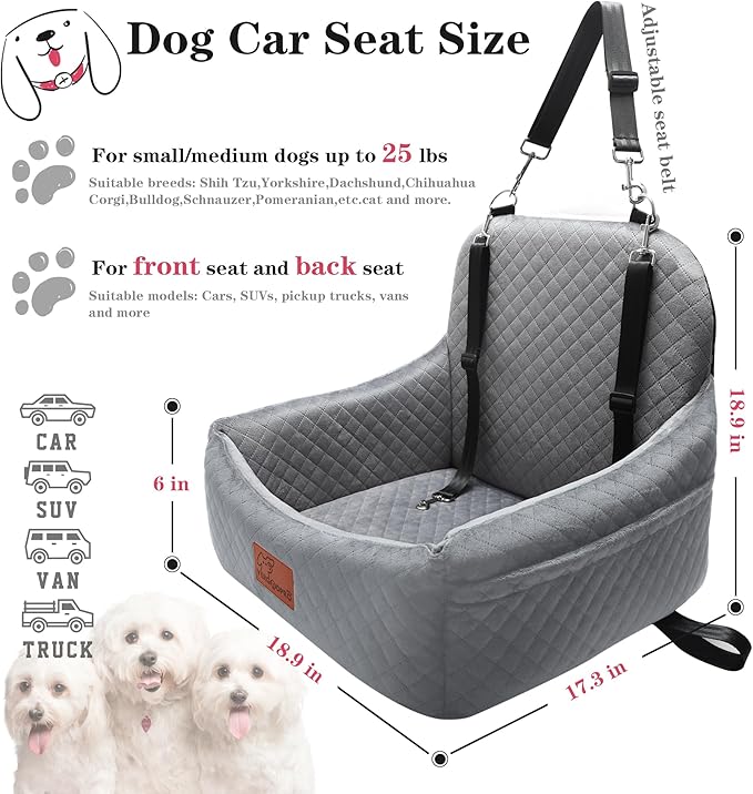 Car Dog Seat,Pet Booster Carseats for Dogs up to 25lbs,Safe and Comfy Puppy Travel Car Bed with Storage Pockets and 2 Safety Belt,Ultra Soft Fabric, Easy to Install,Fully Removable Washable.