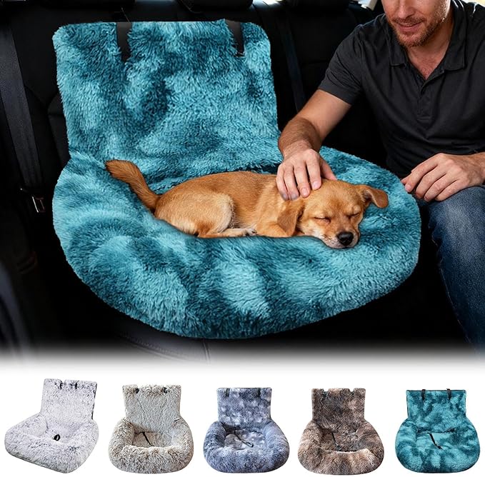 Dog Car Seat Bed, Fluffy Pet Travel Seat, Removable Washable Cushion, Non-Slip Bottom, Protects Car from Dirt/Scratches, Suitable for Small, Medium Dogs/Cats & All Vehicles (Brown)