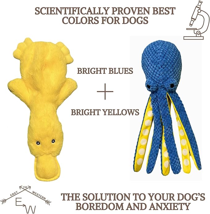 Duck and Octopus Dog Toys - Crinkle, Squeaky, Plush, No Stuffing, Interactive, Stimulating, Fun, Boredom, Busy, Calming, Cuddle, Puppy, Play, Gift - Large, Medium, Small Dog - Set of 2