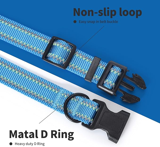Mile High Life Reflective Dog Collar, Basic Dog Collars Adjustable Quick Release, Soft Nylon Pet Collar with Metal D-Ring for Small Medium Large Dogs (Hot Blue, S Neck11-15")