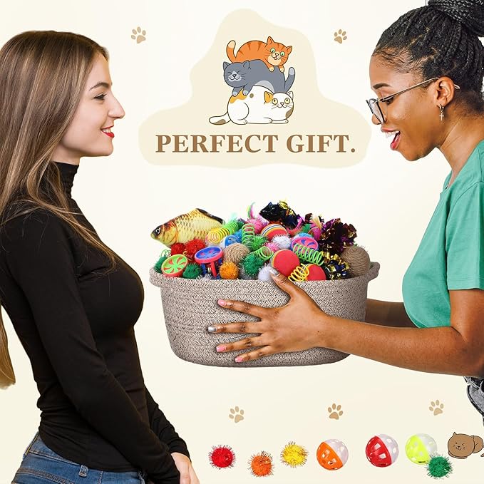 Zopeal 58 Pcs Cat Storage Basket Gift Toys Set, Colorful Flashing Balls Pet Bell Crinkle Balls Spring Toys Attract Cat to Swat, Hunt, Interactive for Pet(Dark Brown,12 Inch)