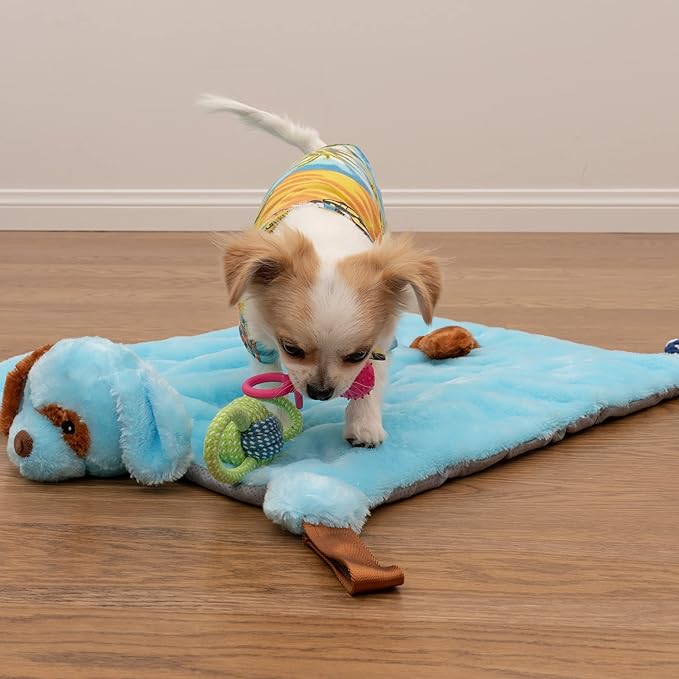 Puppy Play Mat with Toys for Small Breeds - Blue, 23”x20” - Multi-Functional Interactive Toy and Sleeping Pad with Detachable Dog Toys for Small Dogs to Keep Busy, Puppy Gifts for New Owner