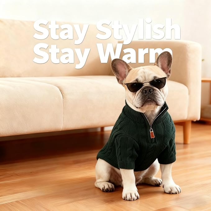 Small/Medium Dog Sweater, Warm Dog Winter Coat w/Sleeves, Comfortable High Neck Premium Dog Clothes for Bulldog-Best for Holidays, Daily Walks L Green