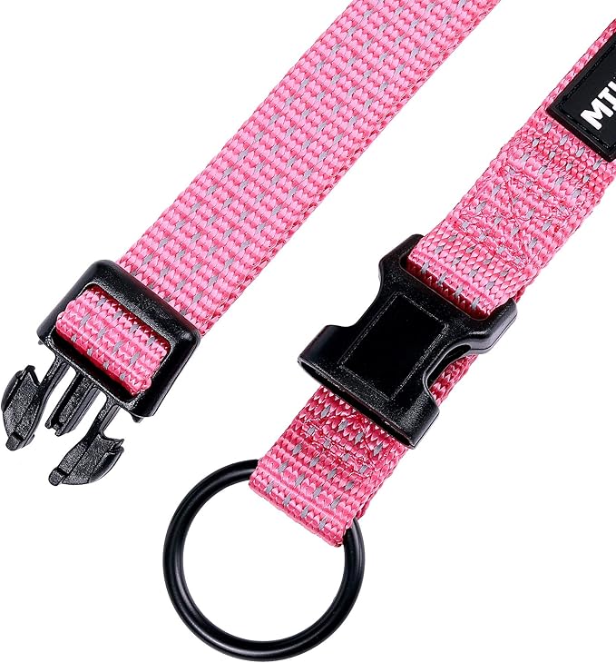 Mile High Life Dog Collar, Nylon Reflective Dog Collars w Pull D-Ring, Light Weight Puppy Collars, Hanger Dog Collars for Large Dogs(Pink, Small)