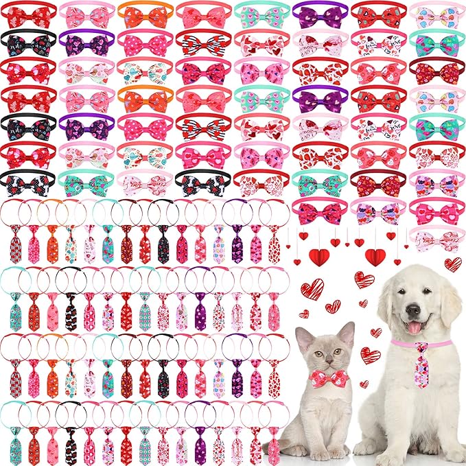 Eccliy 120 Pieces Valentines Day Dog Bow Tie Collar Set Valentines Dog Collar Bows Bulk Adjustable Pet Grooming Neckties for Large Medium Small Pet Cat Holiday Party Decoration Supply