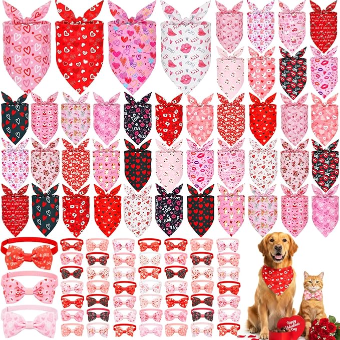 Sanwuta 100 Pcs Valentine's Day Dog Bandanas Bulk and Collar Bow Flower Ties Set 50 Valentine Bandanas 50 Heart Love Dog Collar Pet Triangle Pet Scarf Bowtie for Small Medium Large Costume Outfit