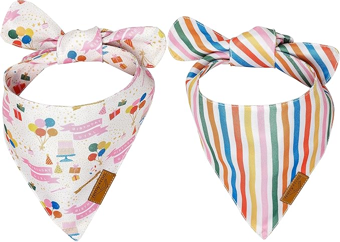 Remy+Roo Small Dog Bandanas - 2 Pack Birthday Set | Premium Durable Adjustable Polyester Fabric Dog Scarfs | Patented Shape, Trendy Patterns | Pack of Bandanas for Dogs