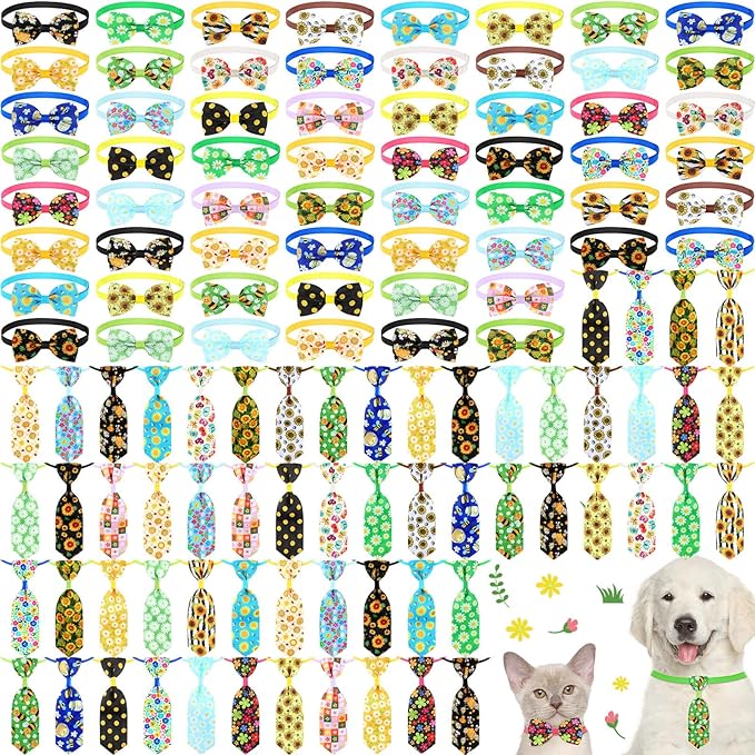 Eccliy 120 Pcs Spring Dog Bow Ties Collars Bulk Daisy Dog Collar Bows Spring Pet Bowtie Adjustable Sunflower Cat Neckties for Small Medium Large Pet Accessories