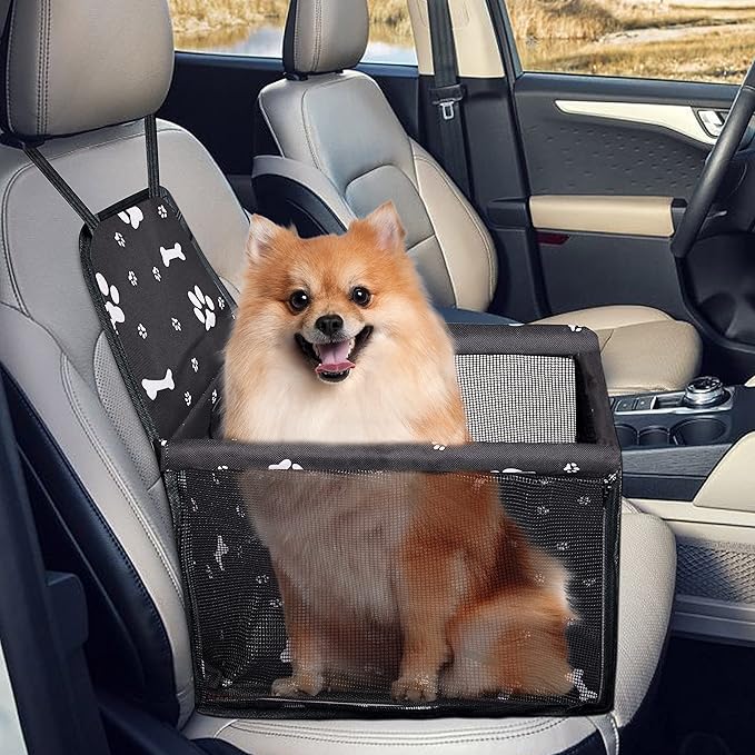 Elevon Dog Car Seat, Doggy Car Seat with PVC Support Tube and Safety Belt, Breathable & Anti-Collapse Puppy Car Seat, Easy to Assemble, Pet Car Seats for Small and Medium Dogs (Black, Bone)