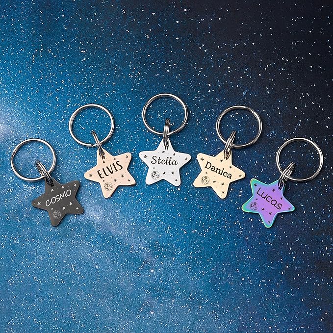 Anavia Small Size Dog Cat ID Tags, Small/XS Personalized Color Plated Stainless Steel Puppy Kitten Name Tags, Customized Engraved Nameplate Pet Collar Tag (Rose Gold, Star)