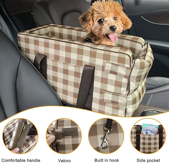 Pet Safety Booster Seat - Central Car Seat for Small Dogs & Cats | Removable & Washable Dog Travel Bed Bag | Adjustable Straps | Fits Car Console Armrests - Khaki