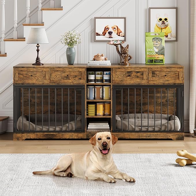 IDEALHOUSE 82" Large Dog Crate for 2 Dogs, Dog Kennel Indoor with 4 Drawers and Shelves, Double Dog Crate Furniture TV Stand, Wooden Dog Cage for Medium Large Dogs, Brown