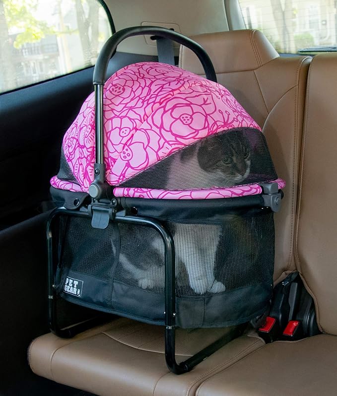 Pet Gear No-Zip View 360 Pet Carrier & Car Seat with Booster Seat Frame for Small Dogs & Cats, Mesh Ventilation, Push Button Entry, No Tools Required, Blossom