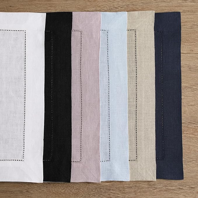 Solino Home Linen Placemats Set of 4 - Classic Hemstitch Black Placemats 14 x 19 Inch - 100% Pure Linen Table Mats for Winter, Holiday, New Year