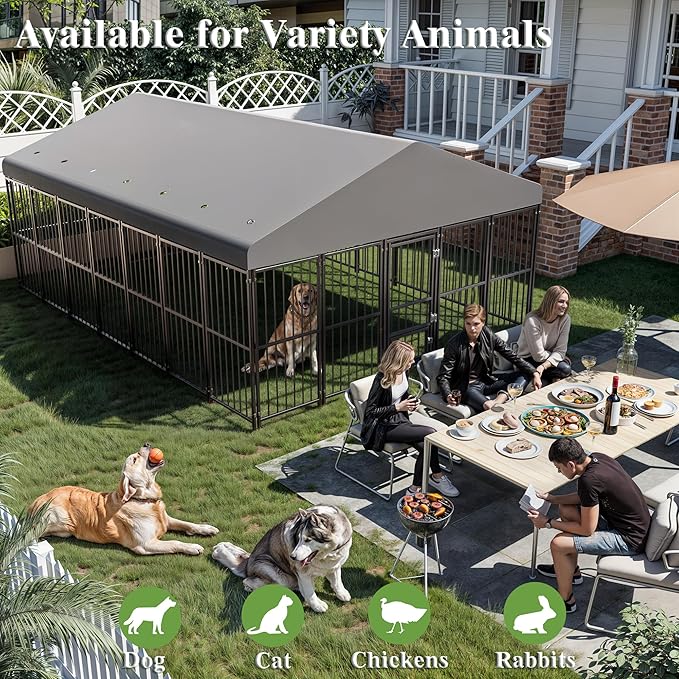 Large Dog Kennel Outside 10X14FT Heavy Duty Dog Cage with Feeding Door, Outdoor Dog Run with Roof and Double Safety Locks for Pets Enclosures