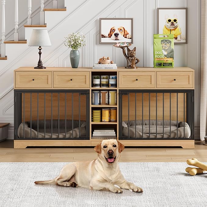 IDEALHOUSE 82” Large Dog Crate for 2 Dogs, Dog Kennel Indoor with 4 Drawers and Shelves, Double Dog Crate Furniture TV Stand, Wooden Dog Cage for Medium Large Dogs, Natural