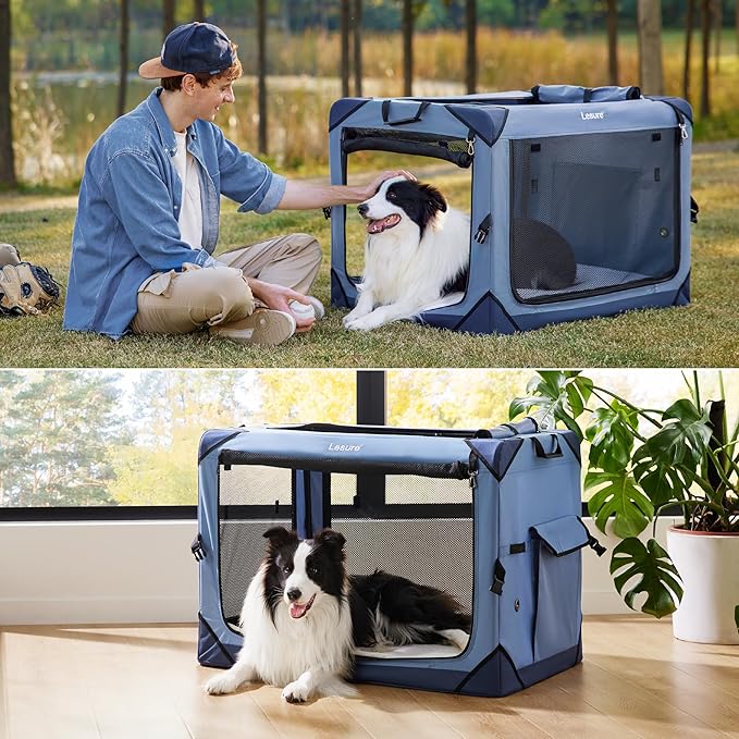 Lesure Collapsible Dog Crate - Portable Travel Kennel for Extra Small Dog, 4-Door Pet Crate with Mesh Windows, Indoor & Outdoor, Blue
