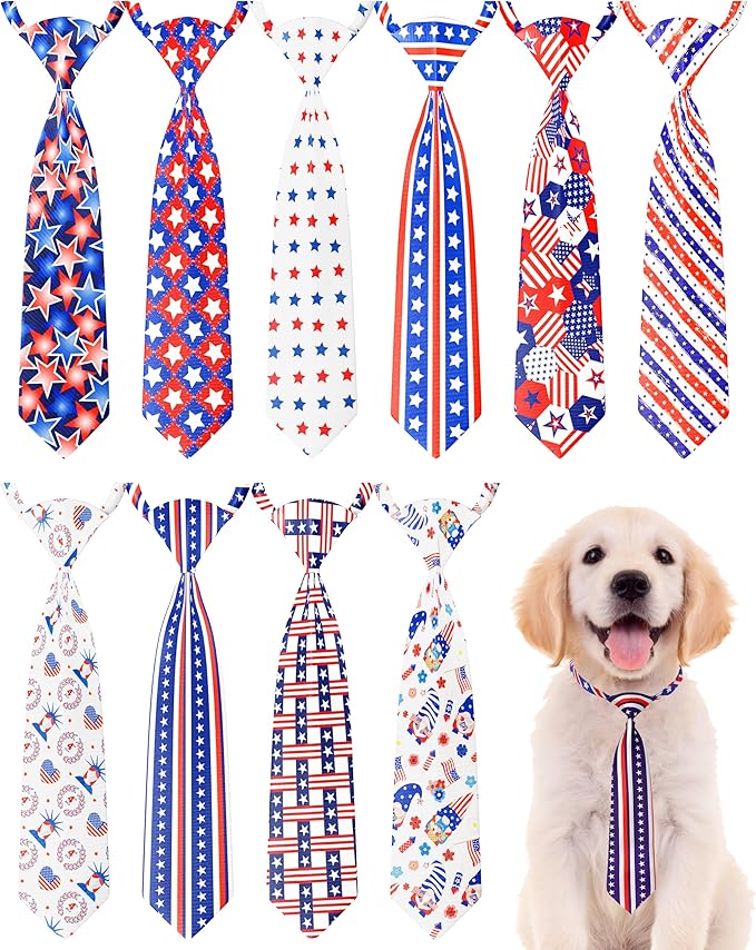PET SHOW 10 Pack 4th of July Dog Ties Neckties for Large Medium Dogs Adjustable Holiday Grooming Accessories Patriotic Neck Ties Bowties Girl Boy Pets Memorial Day Holiday Party Costumes